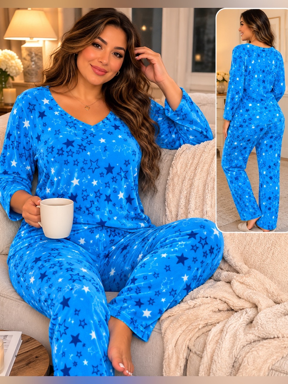 Mayfair Micro fleece Cozy Star-Print V-Neck Pajama Set - Blue
